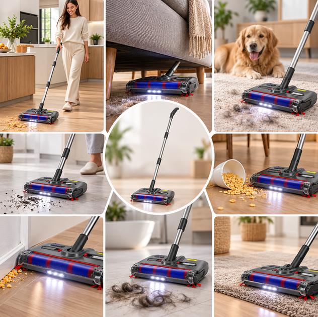 Акумуляторний електровіник Cordless 15 Вт бездротовий віник 2500 мА·год електрична щітка для підлоги до 65 хв електровіник з контейнером 300 мл 4 LED для прибирання пилу крихт волосся шерсті - зображення 5