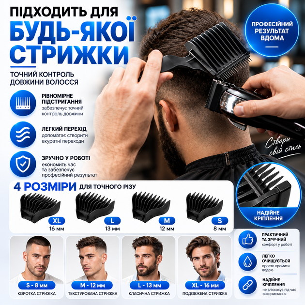 Профессиональный набор гребешков 4-в-1 Blend Friend для фейда и тушения волос (черный). Съемная парикмахерская расческа-насадка - изображение 5