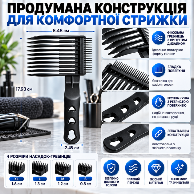 Профессиональный набор гребешков 4-в-1 Blend Friend для фейда и тушения волос (черный). Съемная парикмахерская расческа-насадка - изображение 7