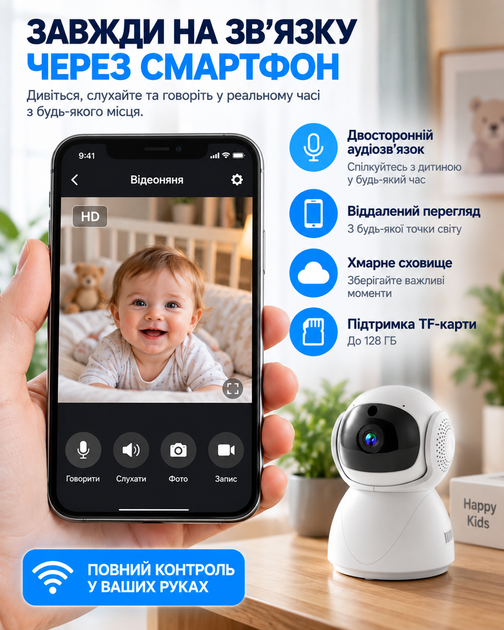 Видеоняня радионяня WiFi камера 1080P с датчиком движения поворотная IP камера видеонаблюдения с ночным видением двусторонней связью микрофоном динамиком подключением к телефону автоматическим отслеживанием движения видео няня для детей (WX-12) - Фото 4 Видеоняня радионяня WiFi камера 1080P с датчиком движения поворотная IP камера видеонаблюдения с ночным видением двусторонней связью микрофоном динамиком подключением к телефону автоматическим отслеживанием движения видео няня для детей (WX-12) - изображение 4