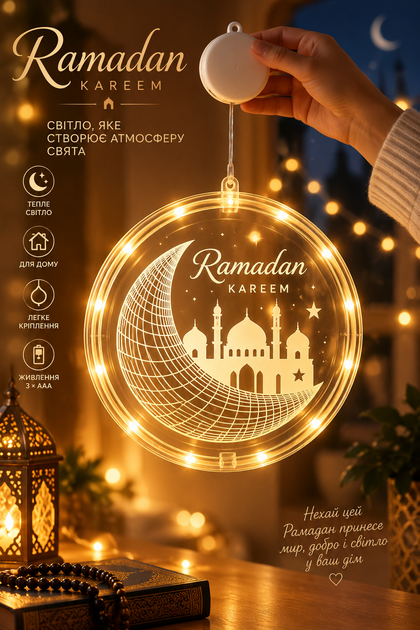 Набір світлодіодних підвісних декорацій Ramadan Kareem 21 см 4 шт. тепле біле світло - Фото 2 Набір світлодіодних підвісних декорацій Ramadan Kareem 21 см 4 шт. тепле біле світло - изображение 2