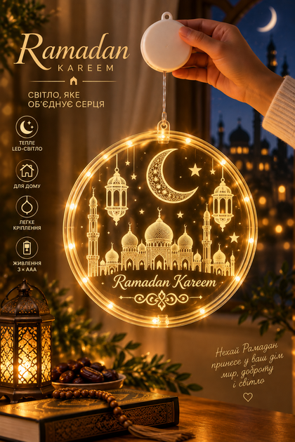 Набір світлодіодних підвісних декорацій Ramadan Kareem 21 см 4 шт. тепле біле світло - Фото 4 Набір світлодіодних підвісних декорацій Ramadan Kareem 21 см 4 шт. тепле біле світло - изображение 4