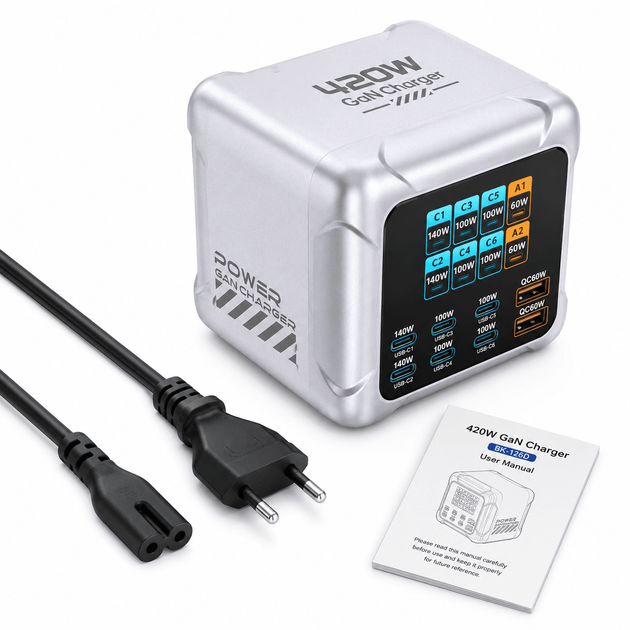 Зарядка с дисплеем BK-126D 420W, GaN, PD3.1 140W для телефонов, ноутбуков, 8 портов USB+Type-C, настольная - изображение 7