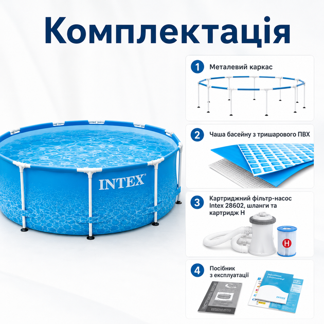 Семейный каркасный бассейн Intex Metal Frame (305×76 см) с фильтр-насосом - изображение 5