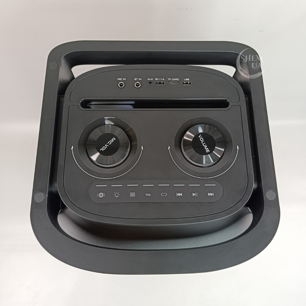 Портативная акустическая система Soundmax, колонка аккумуляторная 10" с LED подсветкой, FM-радио и караоке, с микрофонами и на колесах для вечеринок, мероприятий и дома Черная, TMS-10291 - изображение 6