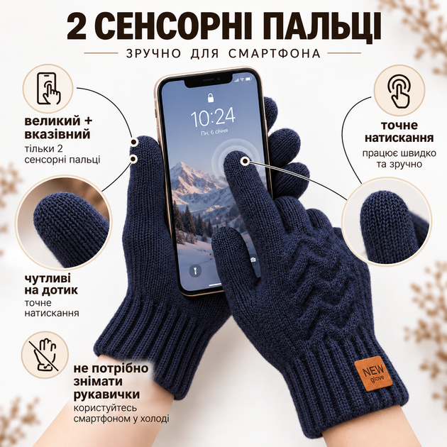 Перчатки мужские зимние вязаные с начесом, сенсорные пальцы для экрана, one size синие KT9002862 - изображение 2