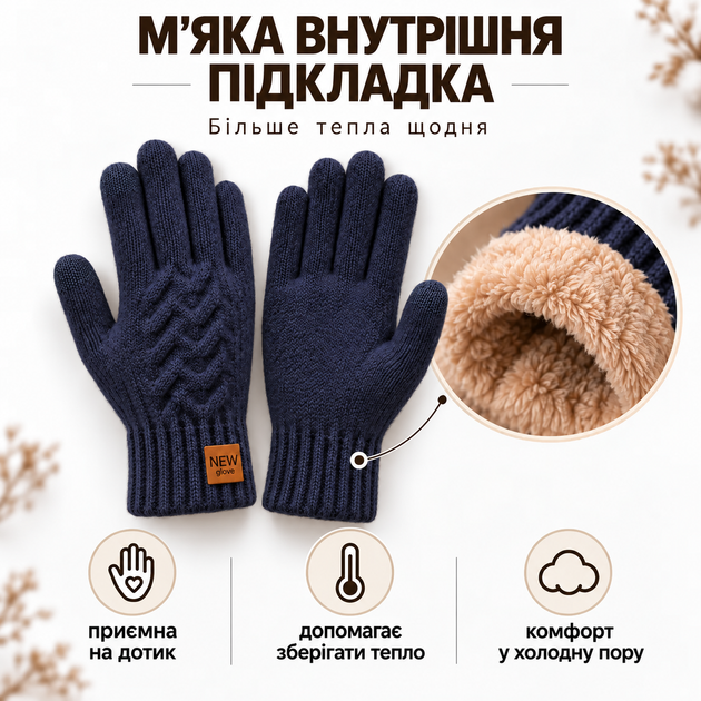 Перчатки мужские зимние вязаные с начесом, сенсорные пальцы для экрана, one size синие KT9002862 - изображение 4