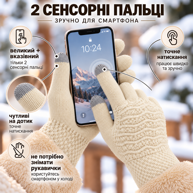 Женские зимние вязаные перчатки с начесом, 2 сенсорными пальцами для экрана, one size, бежевые KT9002903 - изображение 2