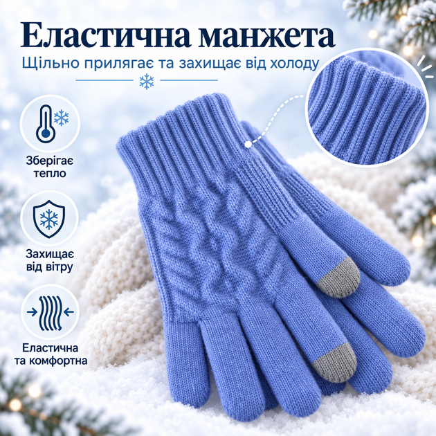 Варежки женские зимние шерстяные с начесом, сенсорные пальцы для экрана, синие KT9002841 - изображение 6