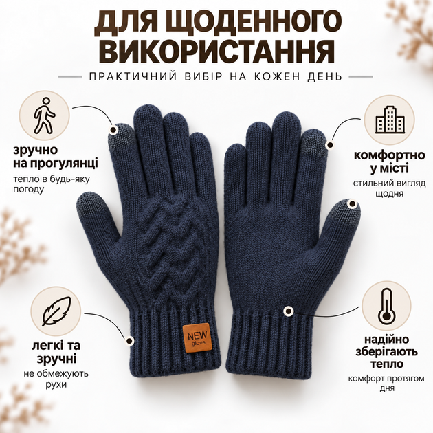 Перчатки мужские зимние вязаные с начесом, сенсорные пальцы для экрана, one size синие KT9002862 - изображение 8