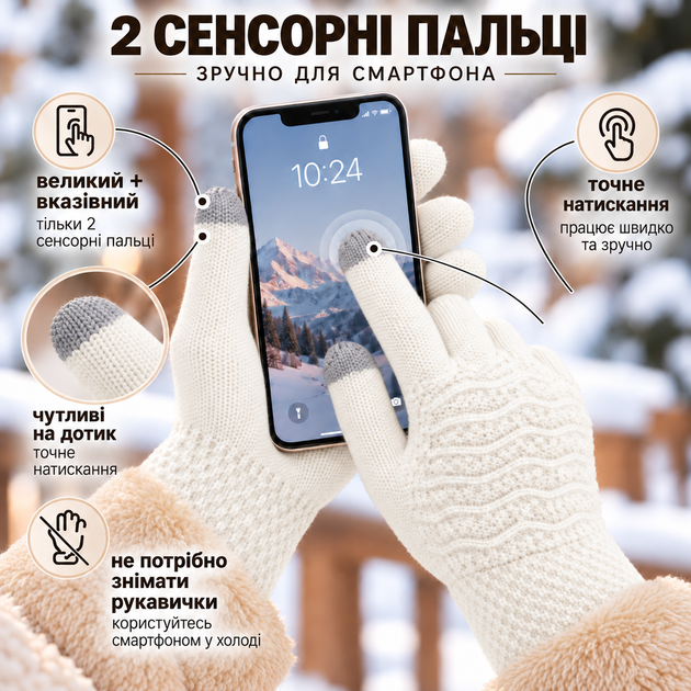 Перчатки женские зимние вязаные с начесом, 2 сенсорных пальца для экрана, one size белые KT9002904 - изображение 2