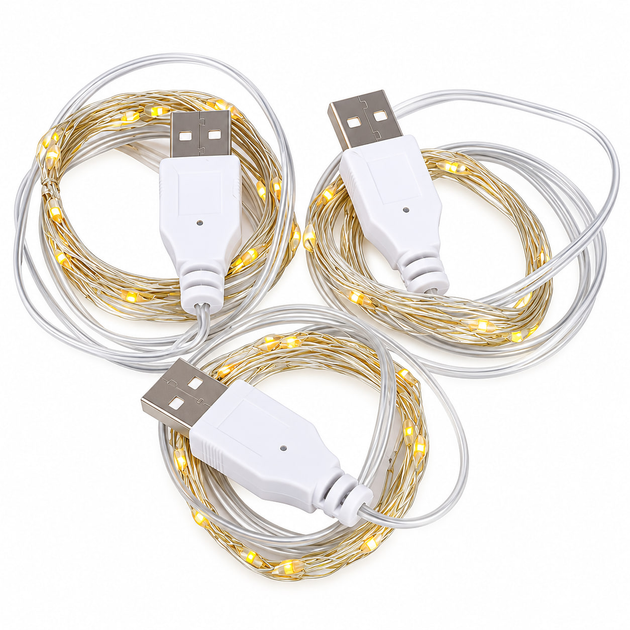 Светодиодная гирлянда роса 3 метра питание USB гирлянда нитка на тонком гибком проводе Теплый желтый - изображение 6
