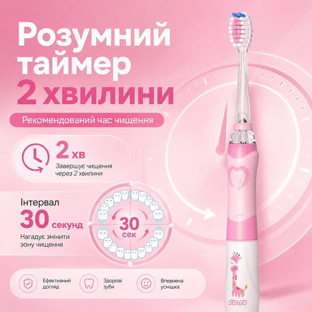 Дитяча Електрична Зубна Щітка Звукова з LED Підсвічуванням 4 Насадки Seago SG977 Sonic Рожева - зображення 3
