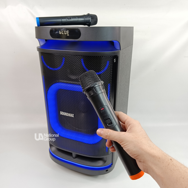 Колонка аккумуляторная 10" Soundmax с микрофонами и на колесах, портативная акустическая система с LED-подсветкой, FM-радио и караоке для дома, вечеринок и мероприятий Черная, TMS-10291 - изображение 14