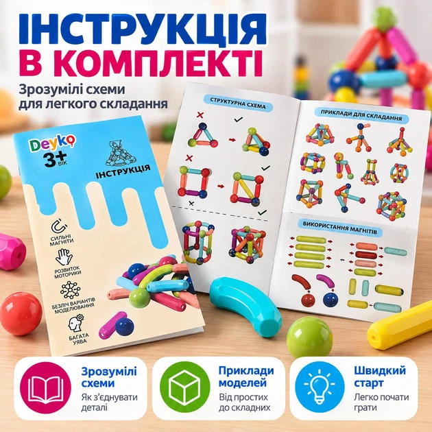 Детский магнитный 3D-конструктор из 100 деталей Deyko из магнитных палочек и шариков в кейсе для хранения, разноцветный - изображение 6