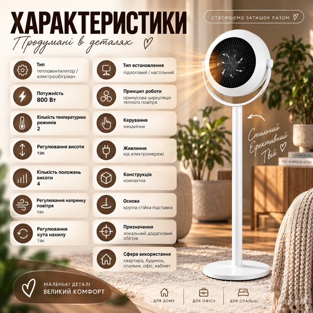 Електричний тепловентилятор обігрівач 800 Вт підлоговий з регулюванням висоти та нахилу для дому квартири офісу - изображение 3