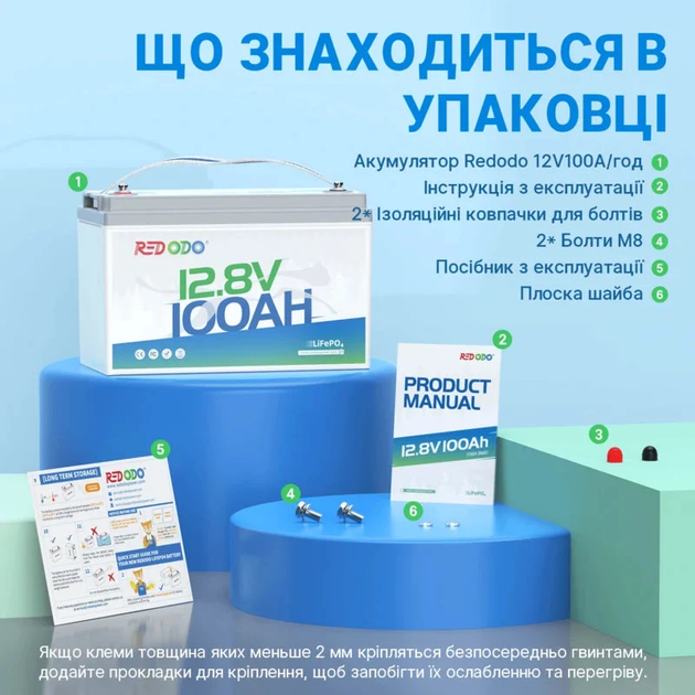 Аккумулятор Redodo LiFePO4 12V 100Ah (1280Wh) со встроенным BMS, 4000+ циклов - изображение 8