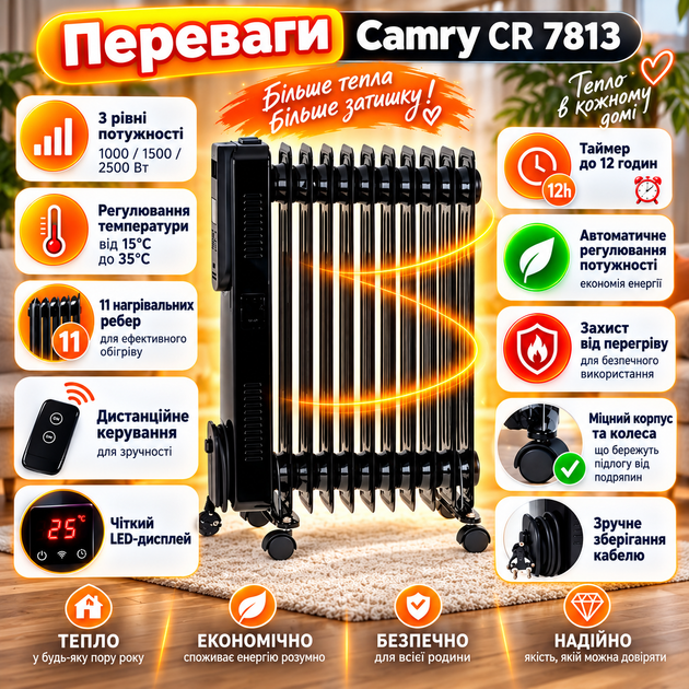 Обогреватель электрический масляный радиатор Camry CR 7813 2500 Вт с термостатом Электрообогреватель масляный с пультом ДК - изображение 2