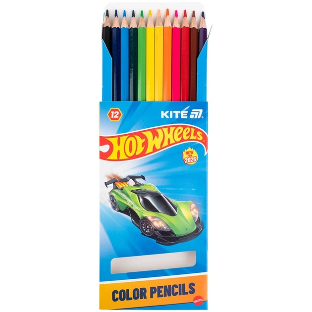 Олівці кольорові 12 штук різні кольори Hot Wheels Kite, HW25-051 - Фото 2 Олівці кольорові 12 штук різні кольори Hot Wheels Kite, HW25-051 - изображение 2