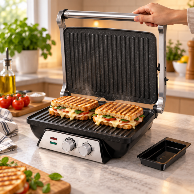 Электрогриль Domotec R-2684 2000 Вт 280°C контактный с антипригарным покрытием раскрытием 180° регулировкой температуры для стейков мяса рыбы овощей сэндвичей - изображение 3