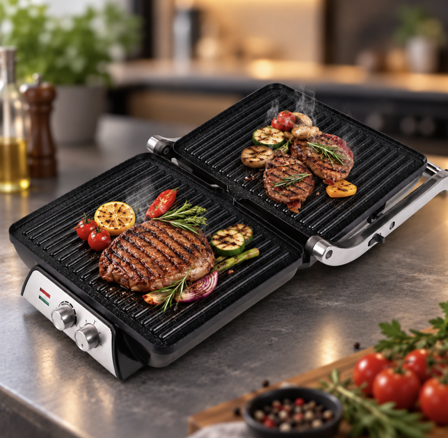 Электрогриль Domotec R-2684 2000 Вт 280°C контактный с антипригарным покрытием раскрытием 180° регулировкой температуры для стейков мяса рыбы овощей сэндвичей - изображение 8