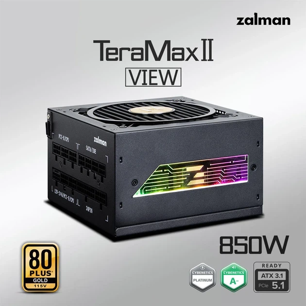 Блок питания Zalman Teramax 2 View (850W) 99%, 80+ Gold, 120мм, 1xMB 24pin(18+10), 2xCPU(4+4 pin), 3xMolex, 12xSATA, 4xPCIe 8pin(6+2), 1xPCIe GEN5 16pin, 1x +5V ARGB кабель, Полностью модуль - изображение 2