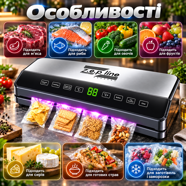 Вакуумный упаковщик Zepline ZP-00359 200 Вт с LED-дисплеем сенсорным управлением для сухих влажных продуктов контейнеров пакетов sous-vide - изображение 3