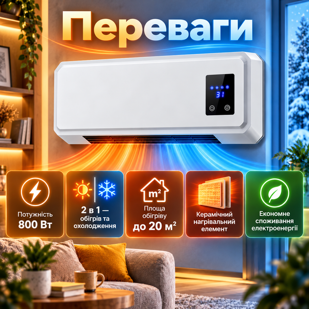 Настенный керамический обогреватель-кондиционер AND-170 800 Вт до 20 м² с пультом таймером 12 ч режимами обогрева охлаждения тепловентилятор для дома - изображение 2