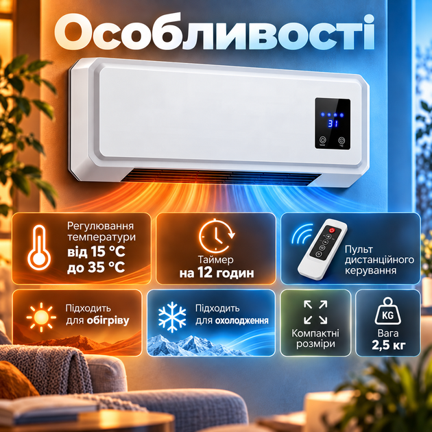 Настенный керамический обогреватель-кондиционер AND-170 800 Вт до 20 м² с пультом таймером 12 ч режимами обогрева охлаждения тепловентилятор для дома - изображение 3