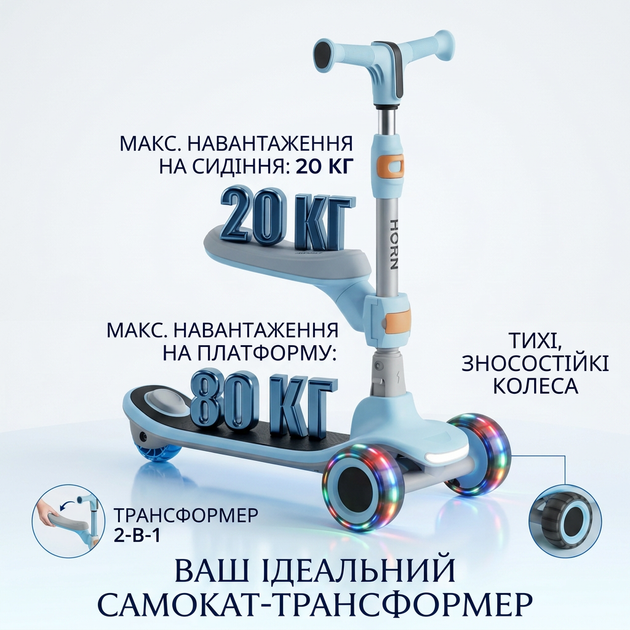 Дитячий триколісний самокат трансформер 2в1 із сидінням, музична платформа Scooter Elite 009A вік від 1,5 років Blue-Grey - зображення 7