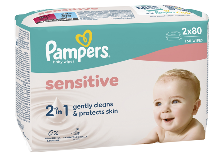 Дитячі вологі серветки Pampers Sensitive Baby Wipes 2 x 80 шт - изображение 2