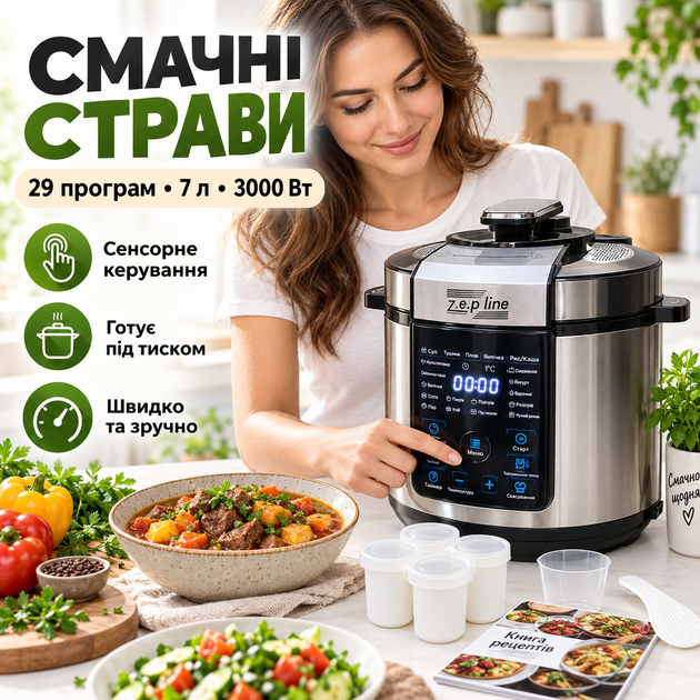 Мультиварка-скороварка-йогуртница Zepline 3000 Вт 7 л 29 программ сенсорная мультиварка 3в1 с антипригарной чашей Электрическая мультиварка Пароварка Скороварка - изображение 2