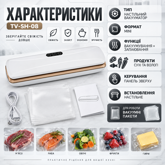 Вакууматор TV-SH-08/016 настольный вакуумный упаковщик для сухих влажных продуктов с герметичной запайкой пакетов компактный mini для мяса рыбы овощей фруктов заморозки домашних заготовок - изображение 3