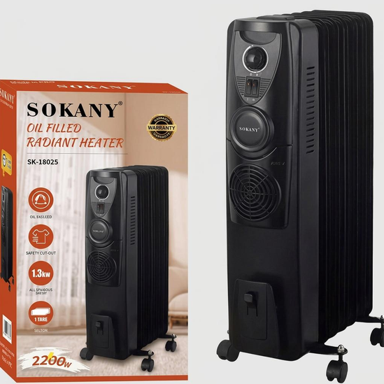 Масляный радиатор Sokany 2200 Вт обогреватель электрический 7 секций напольный с механическим управлением колесиками для обогрева дома квартиры комнаты офиса - изображение 7