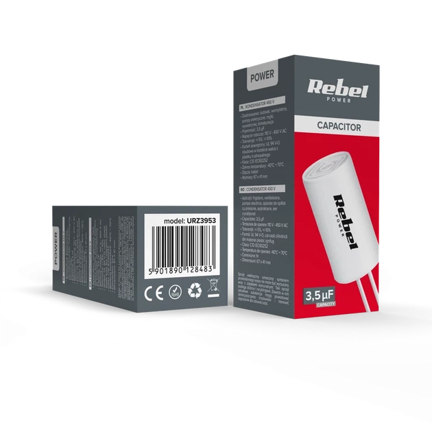 Конденсатор REBEL 3,5 мкФ 450В для однофазных двигателей (URZ3953) - Фото 3 Конденсатор REBEL 3,5 мкФ 450В для однофазных двигателей (URZ3953) - изображение 3