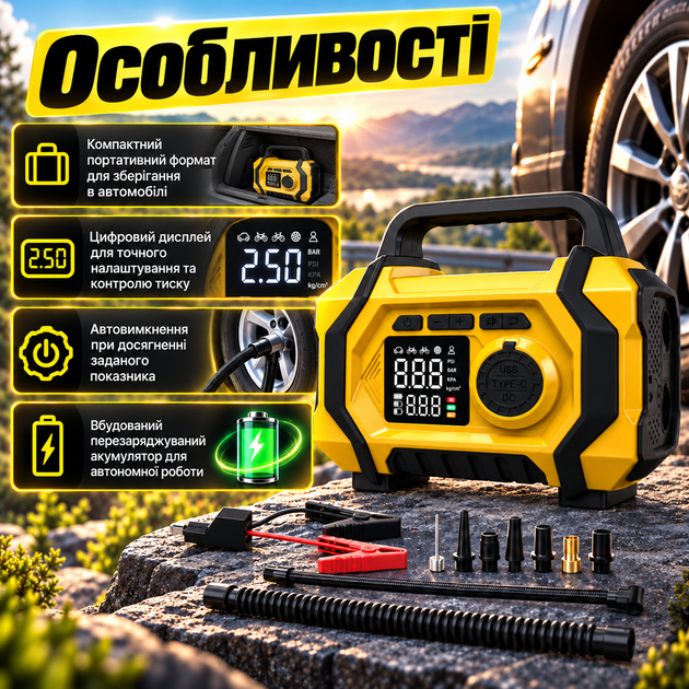 Портативный автомобильный компрессор ATJ-201 150 PSI 10 BAR с цифровым дисплеем автостопом Powerbank Type-C Аккумуляторный насос для шин авто мото велосипеда - изображение 4
