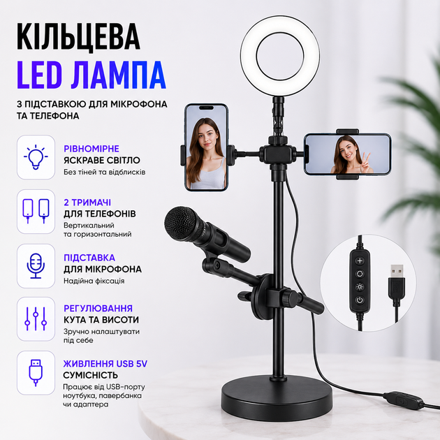 Лампа кольцевая светодиодная LED Youtuber HA-12 с держателем для телефона и микрофона USB-питанием пультом управления настольным штативом до 53 см кольцо 9 см черная - Фото 1 Лампа кольцевая светодиодная LED Youtuber HA-12 с держателем для телефона и микрофона USB-питанием пультом управления настольным штативом до 53 см кольцо 9 см черная - изображение 1