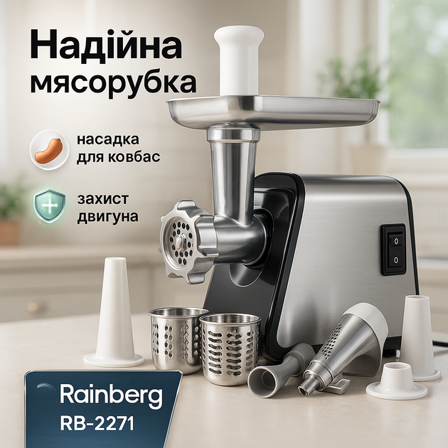 М'ясорубка електрична Rainberg RB-2271 3800Вт з насадкою для томатів та шатківницею - Фото 1 М'ясорубка електрична Rainberg RB-2271 3800Вт з насадкою для томатів та шатківницею - зображення 1