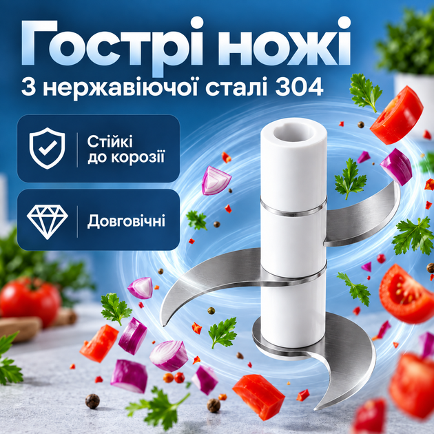 Подрібнювач кухонний електричний бездротовий для овочів спецій цибулі часнику зелені горіхів м'яса та фаршу чоппер міні блендер подрібнювач акумуляторний USB 250 мл 2000 об/хв зі знімними ножами прозора чаша блакитний Kayfovo - зображення 2