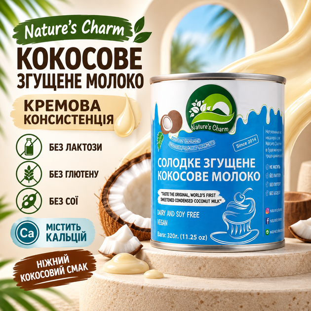Кокосовое сгущенное молоко Nature's Charm 320 г натуральная растительная сгущенка с кокосовым молоком тростниковым сахаром кальцием без лактозы глютена сои ГМО трансжиров для кофе десертов кремов выпечки мороженого блинов вафель - Фото 1 Кокосовое сгущенное молоко Nature's Charm 320 г натуральная растительная сгущенка с кокосовым молоком тростниковым сахаром кальцием без лактозы глютена сои ГМО трансжиров для кофе десертов кремов выпечки мороженого блинов вафель - изображение 1