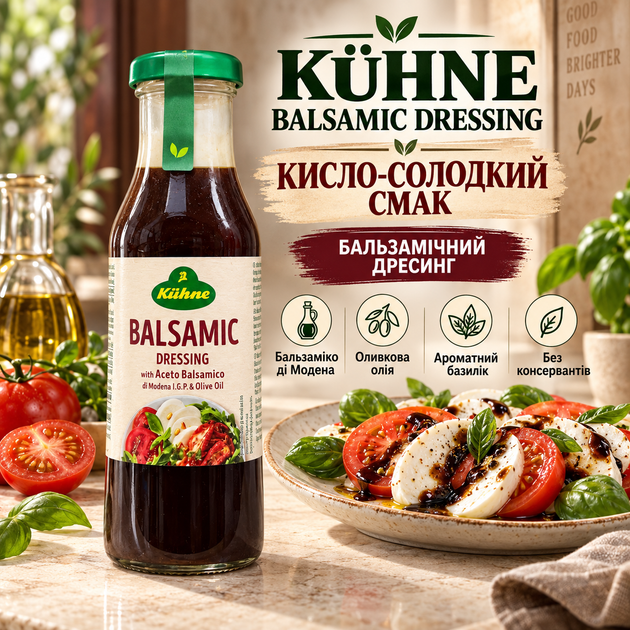 Бальзамічний соус Kühne 250 мл кисло-солодкий салатний дресинг з оцтом Бальзаміко ді Модена оливковою олією та базиліком для салатів овочів м’яса сирів морепродуктів без консервантів - Фото 1 Бальзамічний соус Kühne 250 мл кисло-солодкий салатний дресинг з оцтом Бальзаміко ді Модена оливковою олією та базиліком для салатів овочів м’яса сирів морепродуктів без консервантів - зображення 1