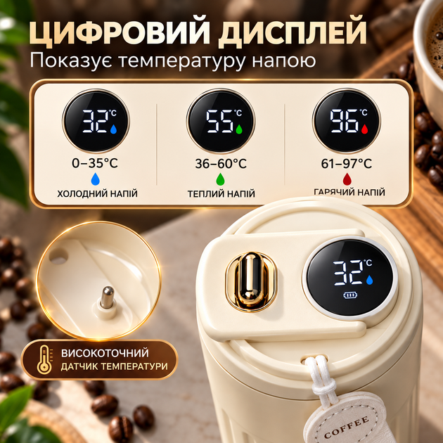 Термокружка 450 мл кремовая с LED-дисплеем температуры, внутренняя колба из нержавеющей стали 316 - Фото 3 Термокружка 450 мл кремовая с LED-дисплеем температуры, внутренняя колба из нержавеющей стали 316 - изображение 3