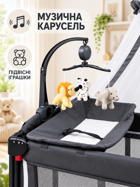 Детская кроватка-манеж 4 в 1 с пеленальным столиком, москитной сеткой и колесами 110×78×75 см, темно-серая (49676420) - Фото 6 Детская кроватка-манеж 4 в 1 с пеленальным столиком, москитной сеткой и колесами 110×78×75 см, темно-серая (49676420) - изображение 6