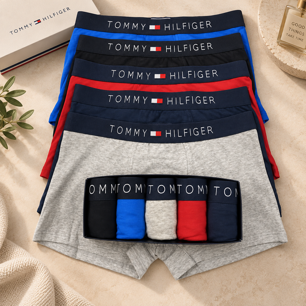 Набор мужского белья TOMMY HILFIGER 5 шт размер L, хлопковые трусы боксеры разных цветов в коробке - Фото 1 Набор мужского белья TOMMY HILFIGER 5 шт размер L, хлопковые трусы боксеры разных цветов в коробке - изображение 1