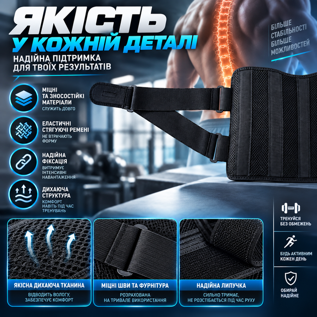Пояс-корсет для підтримки спини та попереку 2XL 98-121 см з ребрами жорсткості, еластичні стягуючі ремені, надійна фіксація - зображення 4