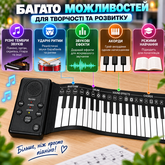 Гибкий рулонный синтезатор-пианино Hand Roll Piano на 49 клавиш с функцией записи и USB-питанием - изображение 4