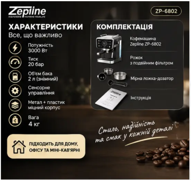 Кавомашина для дому Zерlinе ZР-6802 3000 Вт 20 бар Кавова машина Кавоварка ріжкова - Фото 2 Кавомашина для дому Zерlinе ZР-6802 3000 Вт 20 бар Кавова машина Кавоварка ріжкова - изображение 2