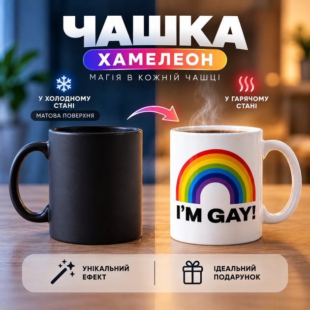 Чашка-хамелеон «I'M GAY!» з веселкою, керамічна чашка, що змінює колір при нагріванні - Фото 1 Чашка-хамелеон «I'M GAY!» з веселкою, керамічна чашка, що змінює колір при нагріванні - зображення 1