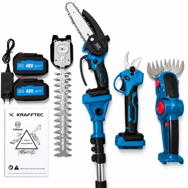Садовый набор 4в1 Krafftec Germany 48 В 8 А·ч аккумуляторный секатор DUP570 38 мм мини пила DUC170Z 15 см цепная высоторез штанга 2.7 м кусторез 2в1 ножницы для травы 200 мм бесщеточный для обрезки деревьев веток кустов живой изгороди газона с 2 АКБ - изображение 6