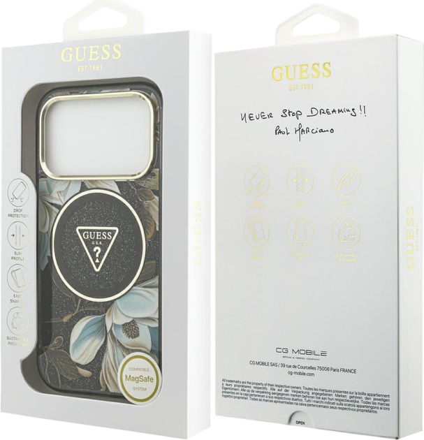 Etui plecki Guess IML Glitter Flowers Triangle MagSafe do Apple iPhone 17 Pro / 18 Pro Black (GUHMP18LHFLPEDK) - obraz 8
